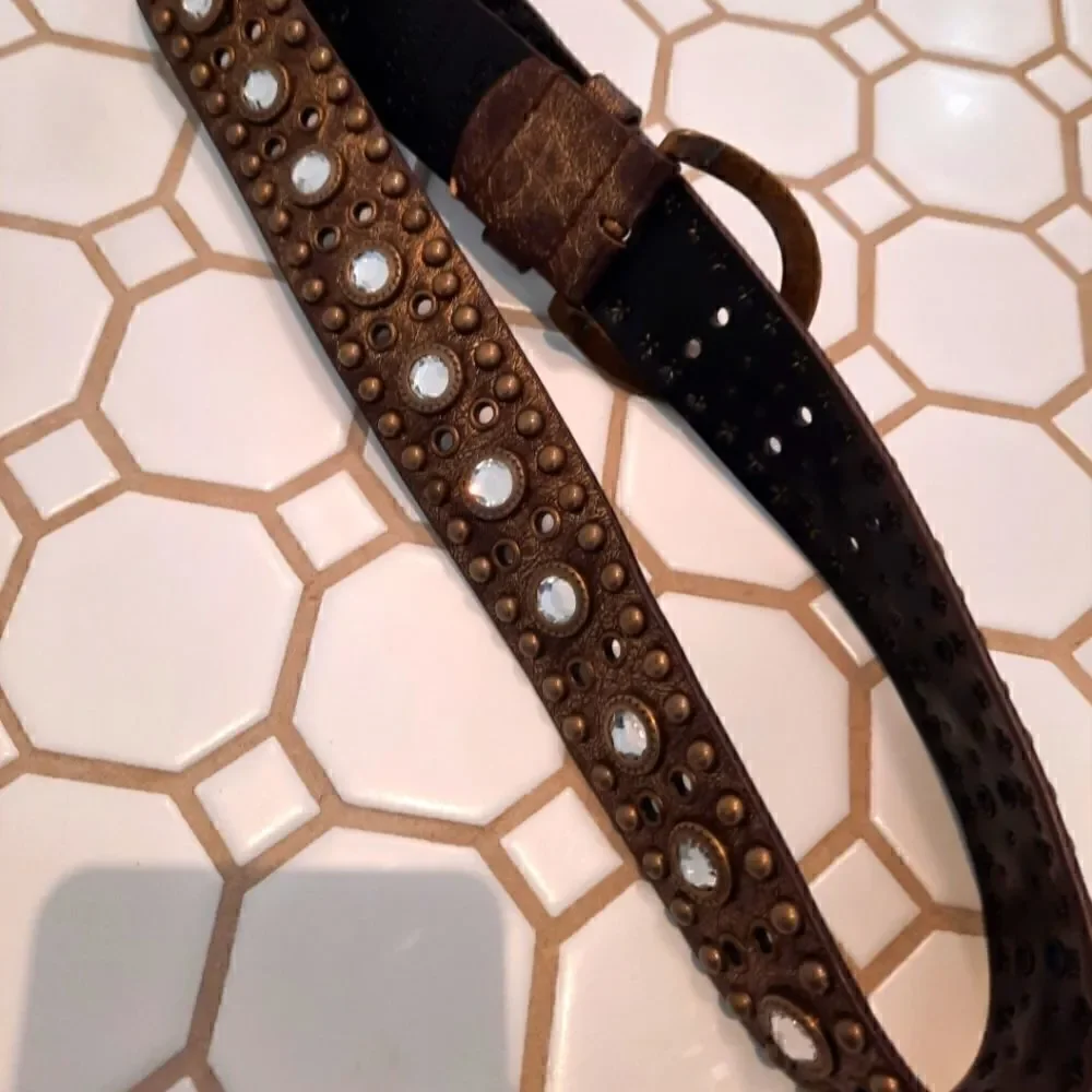 Rolfs Faux Leather Belt Golden Metallic Brown with Rhinestones